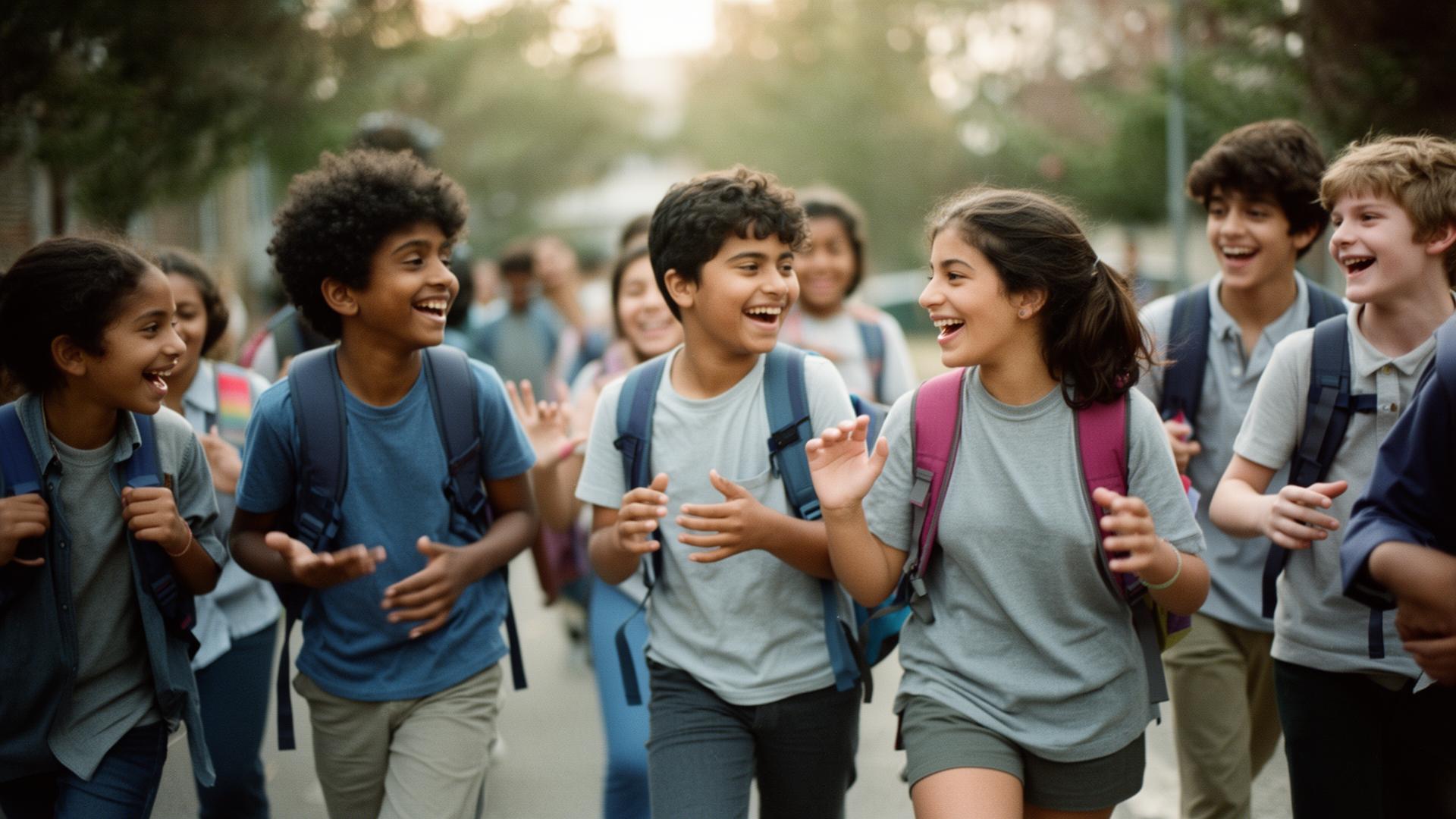 School-age child walking confidently along a sunlit tree-lined path wearing Schoo sneakers